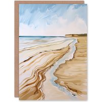 Artery8 Filey Beach North Yorkshire Watercolour Painting Birthday Art Card in Beige