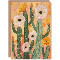 Artery8 Pastel Pink Cactus Flower Blossom Painting Soft Birthday Art Card in Orange