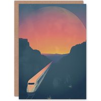 Artery8 Retro Futurism Sci Fi Planet Train Travel Design Birthday Art Card in Blue