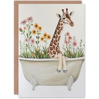 Artery8 Cute Boho Giraffe in Bathtub Filled with Flowers Birthday Art Card in Beige