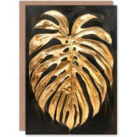 Artery8 Plant Lover Golden Monstera Leaf Dark Painting Birthday Art Card in Gold