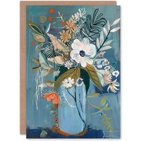 Artery8 Elegant Botanical Bouquet Flowers in Blue Vase Birthday Art Card