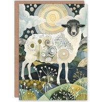 Artery8 Stylised Sheep with Patterns Full Moon Folk Art Birthday Art Card in Navy