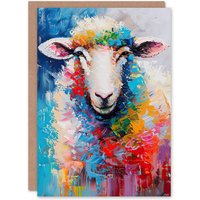 Artery8 Colourful Sheep Fun Animal Portrait Oil Painting Birthday Art Card