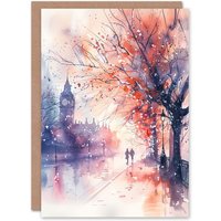Artery8 Lovers Walk London Big Ben Autumn Watercolour Birthday Art Card in Purple