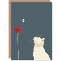 Artery8 Tulip Flower & Butterfly White Cat Lover Design Birthday Art Card in Grey
