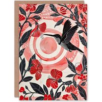 Artery8 Hibiscus Flowers Hummingbird Red Black Sunset Sun Birthday Art Card in Yellow