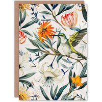 Artery8 Bright Exotic Flower Pattern with Hummingbird Birthday Art Card in Green
