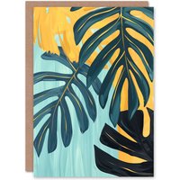 Artery8 Monstera Deliciosa Leaves Teal Yellow Painting Birthday Art Card