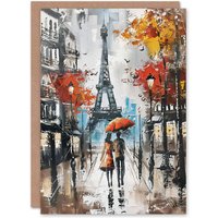 Artery8 Umbrella Lovers Abstract Autumn Paris Cityscape Birthday Art Card in Grey
