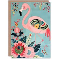 Artery8 Flamingo Exotic Flowers Pattern Vintage Style Birthday Art Card in Pink
