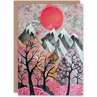 Artery8 Mountain Snow Peaks Pink Blossom Tree Japanese Birthday Art Card