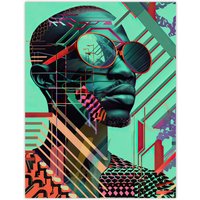 Artery8 Futuristic African Man Shades Portrait Teal Bold Wall Art Print in Green | Size: W18" x H24"