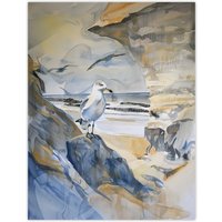 Artery8 Seagull Aldeburgh Beach Suffolk Watercolour Coast Wall Art Print in Beige | Size: W18" x H24"