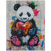 Artery8 Cute Panda with Loveheart Street Art Graffiti Pop Wall Art Print in Grey | Size: W18" x H24"
