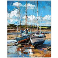 Artery8 Two Sailboats on Alnmouth Beach Painting Coastal Wall Art Print in Blue | Size: W18" x H24"