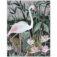 Artery8 Pink Flamingo Lilies Leaves Artwork Tropical Wall Art Print in Green | Size: W18" x H24"