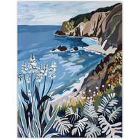 Artery8 Cornish Coast Painting Cornwall Wildflowers Wall Art Print in Blue | Size: W18" x H24"
