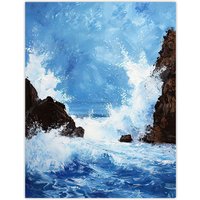 Artery8 Waves Crashing Rocks Sea Spray Oil Painting Wall Art Print in Blue | Size: W18" x H24"