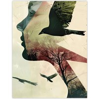 Artery8 Abstract Woman Profile Portrait Crows Trees Dark Wall Art Print in Beige | Size: W18" x H24"