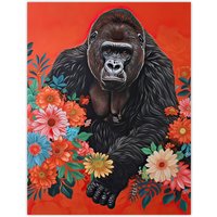 Artery8 Gorilla in Bright Flowers Painting Red Animal Wall Art Print | Size: W18" x H24"