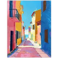 Artery8 Mediterranean Street Spain Painting Seaside Wall Art Print | Size: W18" x H24"
