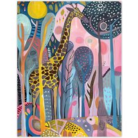 Artery8 Quirky Giraffe Folk Art Colourful Trees Painting Wall Art Print | Size: W18" x H24"