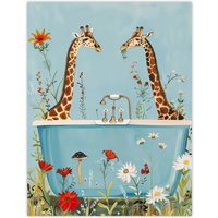 Artery8 Giraffe Bath Time Surreal Floral Nature Painting Wall Art Print in Blue | Size: W18" x H24"
