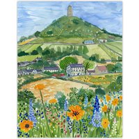 Artery8 Glastonbury Tor Spring Floral Somerset Painting Wall Art Print in Green | Size: W18" x H24"