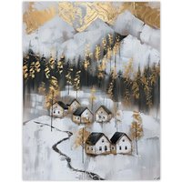 Artery8 Scottish Highlands Houses Golden Winter Painting Wall Art Print in White | Size: W18" x H24"