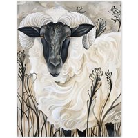 Artery8 Stylised Ram Sheep Animal Portrait Painting Wall Art Print in Off-White | Size: W18" x H24"