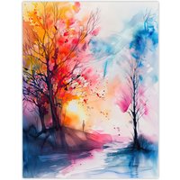 Artery8 Autumn Forest Sunrise Dream Watercolour Painting Wall Art Print | Size: W18" x H24"
