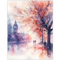 Artery8 Lovers Walk London Big Ben Autumn Watercolour Wall Art Print in Purple | Size: W18" x H24"