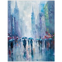 Artery8 Rainy New York Abstract Cityscape Oil Painting Wall Art Print in Blue | Size: W18" x H24"