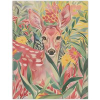 Artery8 Deer in Flower Field Pastel Colour Painting Wall Art Print in Pink | Size: W18" x H24"