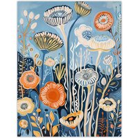 Artery8 Blue Wildflower Sea Garden Painting Modern Floral Wall Art Print | Size: W24" x H32"