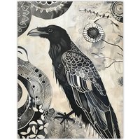 Artery8 Black Raven Bird Painting Magic Gothic Symbolic Wall Art Print | Size: W24" x H32"