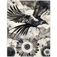 Artery8 Flying Black Raven Painting Magic Mandala Dark Wall Art Print | Size: W24" x H32"