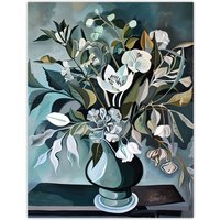 Artery8 White Flower Bouquet Vase Still Life Painting Wall Art Print in Blue | Size: W24" x H32"