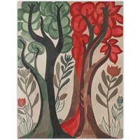 Artery8 Two Trees Wildflower Forest Painting Folk Art Wall Art Print in Brown | Size: W24" x H32"