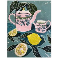 Artery8 Pink Teapot Teacup Lemons Painting Herbal Quirky Wall Art Print in Blue | Size: W24" x H32"