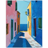 Artery8 Colourful Mediterranean Spanish Coastal Painting Wall Art Print | Size: W24" x H32"