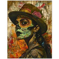 Artery8 Mexican Day of the Dead Portrait Street Art Tattoos Wall Art Print in Brown | Size: W24" x H32"