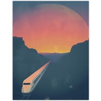 Artery8 Retro Futurism Sci Fi Planet Train Travel Design Wall Art Print in Blue | Size: W24" x H32"