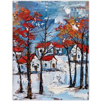 Artery8 Norway Winter Forest Traditional Red Roof Houses Wall Art Print | Size: W24" x H32"
