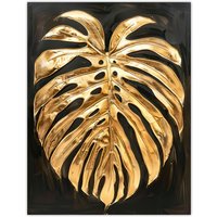 Artery8 Plant Lover Golden Monstera Leaf Dark Painting Wall Art Print in Gold | Size: W24" x H32"