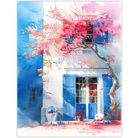 Artery8 Flowering Bougainvillea Boho Mykonos Watercolour Wall Art Print in Blue | Size: W24" x H32"