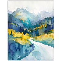 Artery8 Yosemite National Park Hiking Trail Watercolour Wall Art Print in Blue | Size: W24" x H32"