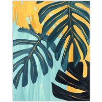 Artery8 Monstera Deliciosa Leaves Teal Yellow Painting Wall Art Print | Size: W24" x H32"