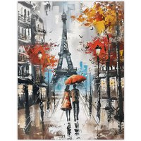 Artery8 Umbrella Lovers Abstract Autumn Paris Cityscape Wall Art Print in Grey | Size: W24" x H32"